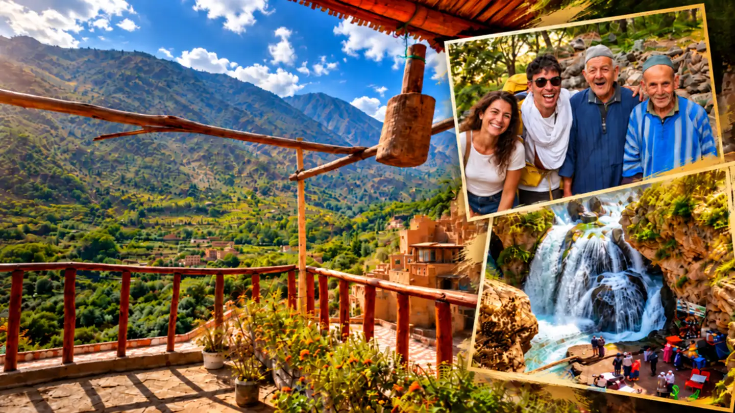 Atlas Mountains day trip from Marrakech: Imlil valley view from a village terrace, meeting local Amazigh villagers and a mountain waterfall